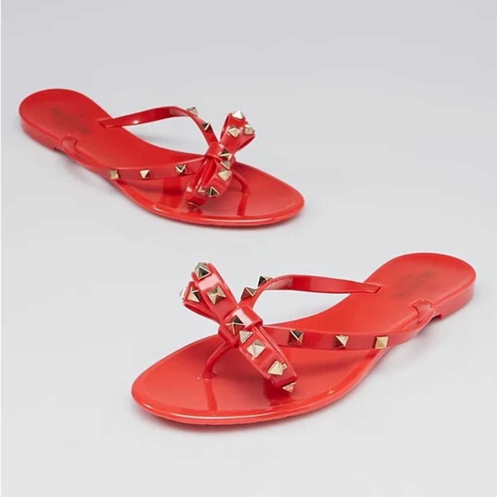 Valentino Garavani Red Studded Jelly Bow Thong Sandals